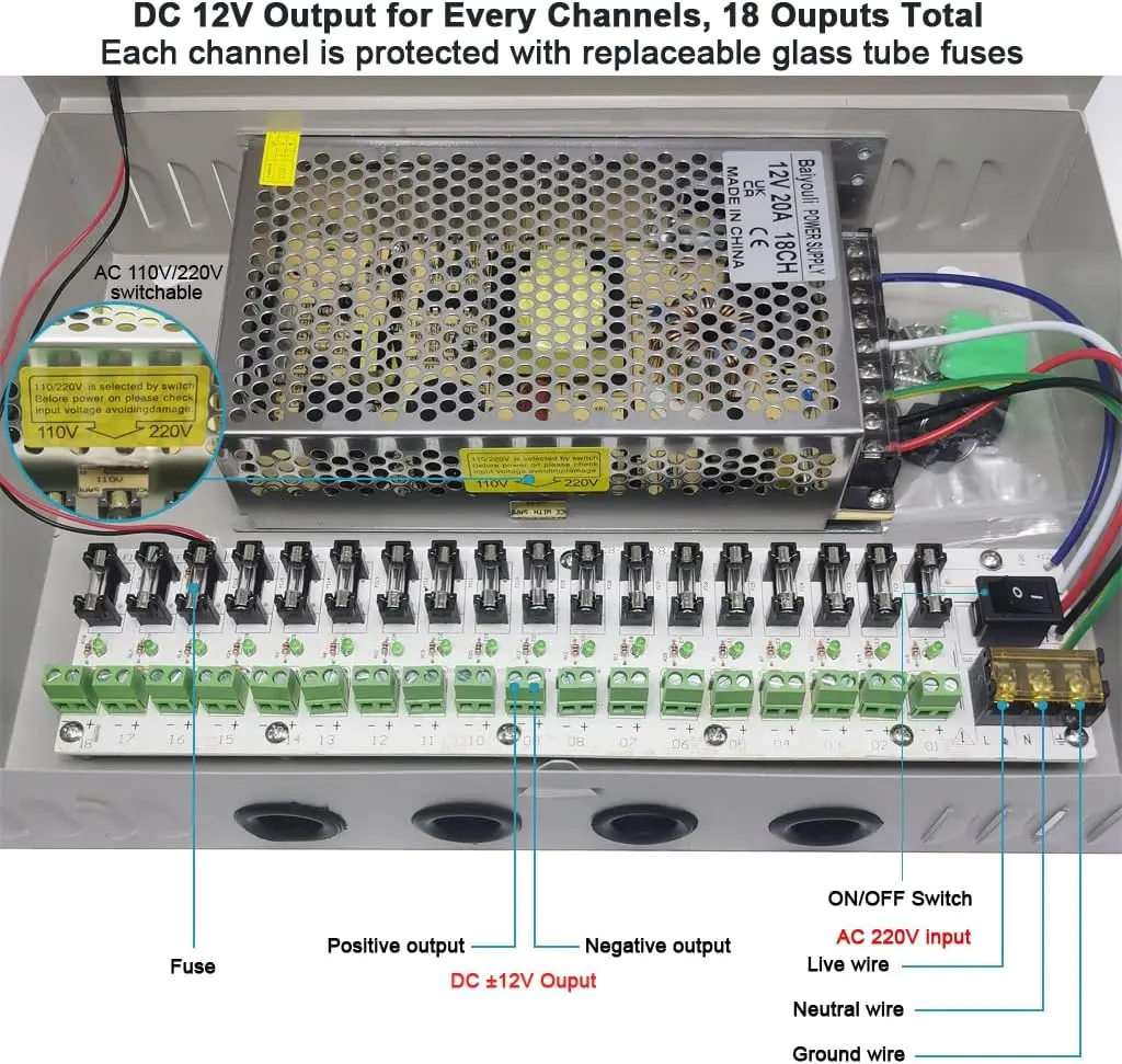 Boîtier Transformateur à Commutation d'Alimentation CCTV 18 Canaux 12V 20A 240W pour Caméra3.webp